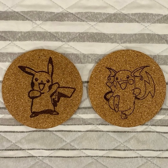 Pikachu and Raichu Laser Engraved Cork Coasters - Picture 1 of 5